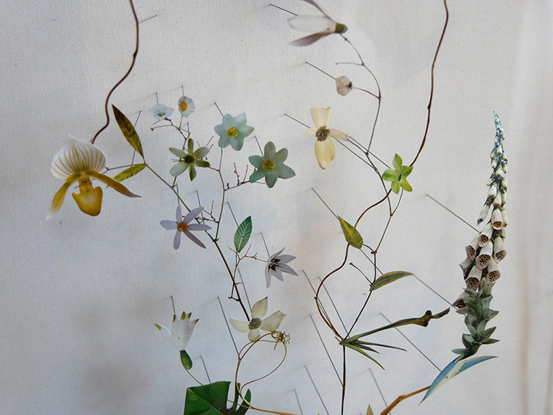 Anne ten Donkelaar/NL: Flower Construction # 73,100 x 80 x6,5cm, detail, 2015; paper, textile, dry flowers, branches, needles